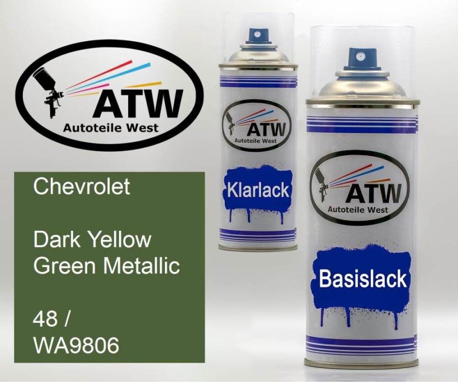 Chevrolet, Dark Yellow Green Metallic, 48 / WA9806: 400ml Sprühdose + 400ml Klarlack - Set, von ATW Autoteile West.